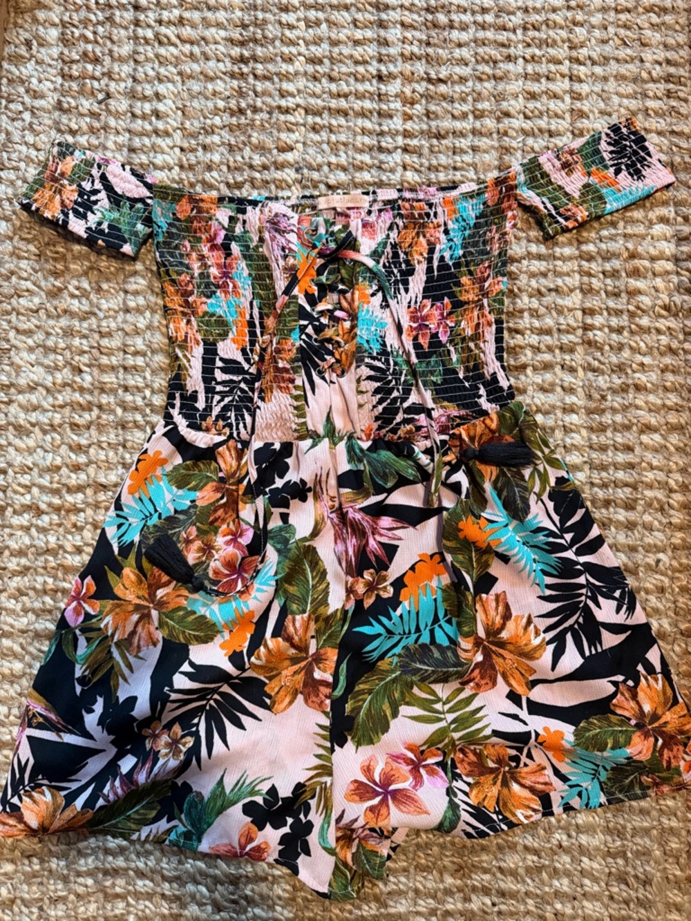 Floral Off-Shoulder Romper in Pink, Teal & Orange- Smocked top